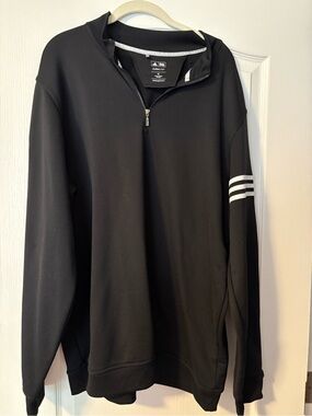 adidas Men’s Black Half-Zip Pullover with White Sleeve Stripes